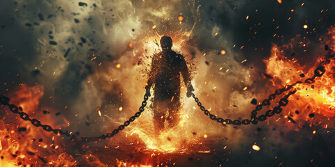 A man escapes from the chains, breaks the chains against the background of a fire and explosion. - obrazy, fototapety, plakaty