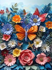 Serene paper art garden with intricate flowers and butterflies, a celebration of spring