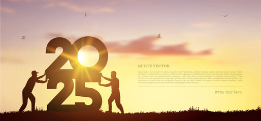Silhouette two men pushing to connect jigsaw 2025 with sunlight and bright sky. 2025 Creative vector black symbol of business corporate teamwork to solutions, success and strategy concept illustration - obrazy, fototapety, plakaty