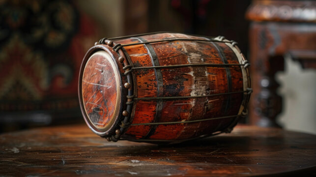 A crafted wooden "Raban" drum, a traditional instrument used during Sinhalese New Year celebrations. The drum is positioned on a rich, dark wooden surface
