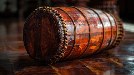 A crafted wooden "Raban" drum, a traditional instrument used during Sinhalese New Year celebrations. The drum is positioned on a rich, dark wooden surface