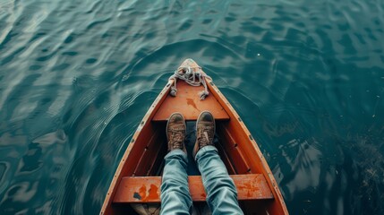 Person relaxing in a canoe with feet visible, tranquil water journey. Solitude and adventure concept - obrazy, fototapety, plakaty