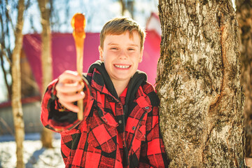 Photo showing children tasting maple syrup with wooden spoon - 777683392