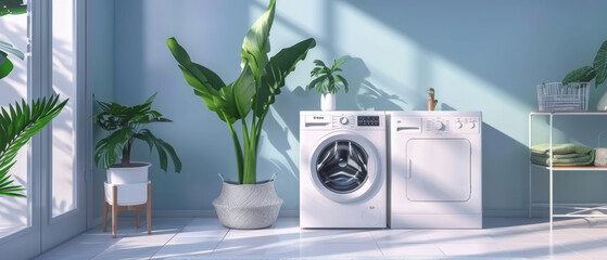 In a minimalist white bathroom, a cutting-edge washing machine exudes modernity and sophistication.