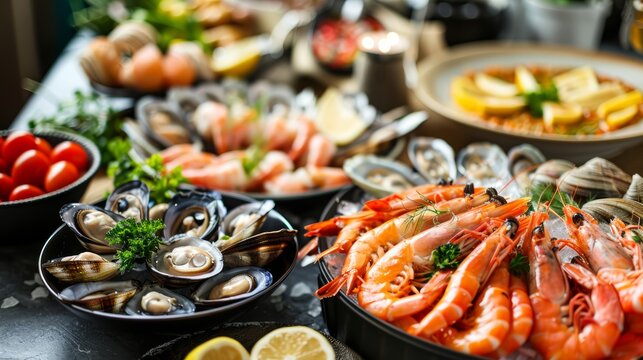 Assorted seafood dishes on a wooden table. Overhead view of seafood spread for gastronomy and culinary concept