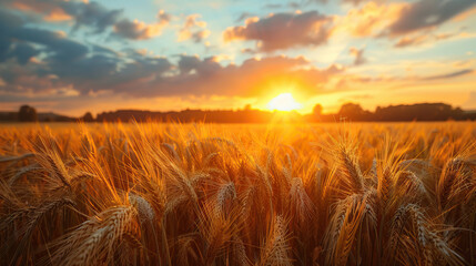 Tranquil morning on a farm, golden sunrise illuminating fields ready for harvest - obrazy, fototapety, plakaty