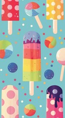 Illustrated popsicles and candy spheres with dripping details on a light blue background. Sweet treats and desserts concept