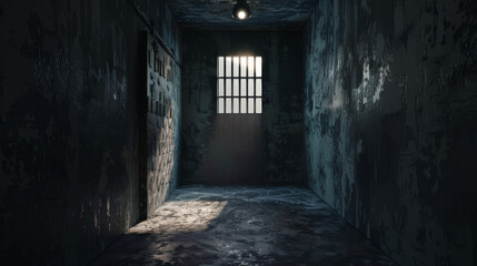 Fototapeta na wymiar Within the confines of an ancient prison cell, time seems to have halted. Decaying walls bear witness to years of confinement, while dim light filters through barred windows, casting eerie shadows.