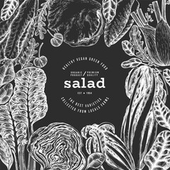 Green Vegetable Design Template. Vector Hand Drawn Healthy Leaf Salad Banner. Vintage Style Menu IllustrationOn Chalk Board.