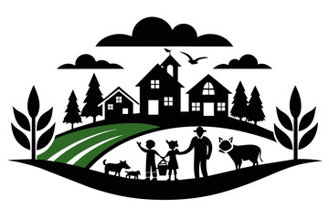A logo depicting a family and animals in a countryside setting near two rural accommodation houses for tourists 