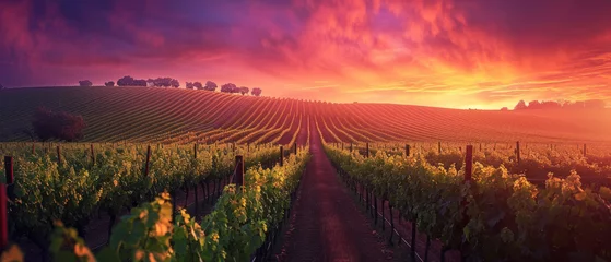 Muurstickers Beautiful purple sunset over the vineyard. © Evgeniia