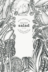 Green Vegetable Design Template. Vector Hand Drawn Healthy Leaf Salad Banner. Vintage Style Menu Illustration.