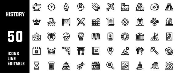 50 History Icons Set Line Editable Vector Illustration