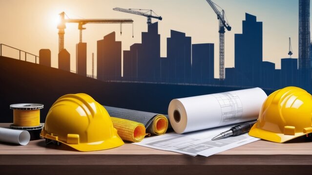 Construction site and construction accessories for a poster or brochure with a place for text or message