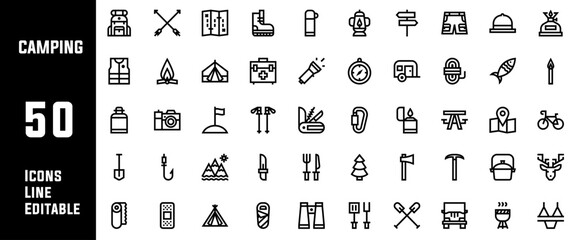 50 Camping Icons Set Line Editable Vector Illustration