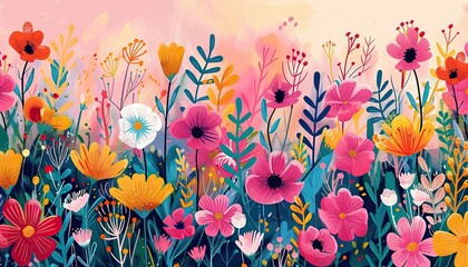 Vibrant compilation of doodled wildflowers, abstract forms with clear, editable lines - obrazy, fototapety, plakaty
