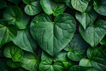 A background of heart shaped green leaves, ideal for nature-themed designs and eco-friendly concepts.