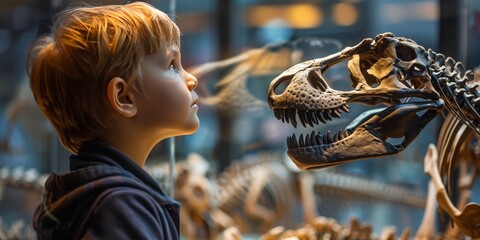 Boy Observing Dinosaur Skeleton in Museum