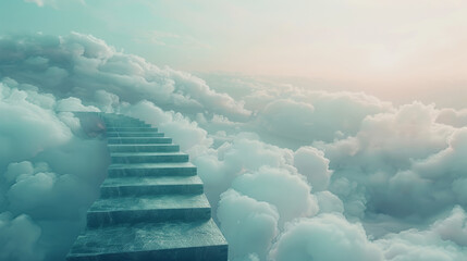 The ascending steps of the ladder into the clouds symbolize personal growth, learning and the path to success.