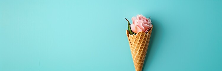 beautiful bouquet of pink flowers in ice cream cone isolated on solid background 
