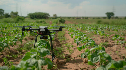 A drone flies over agricultural plants in a field.