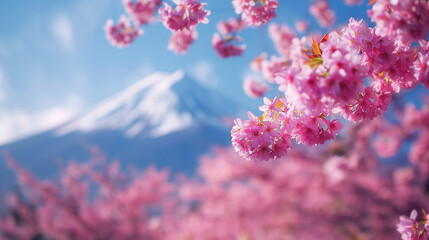 Fototapeta na wymiar Blossoming Cherry Trees with Majestic Mount Fuji in the Background