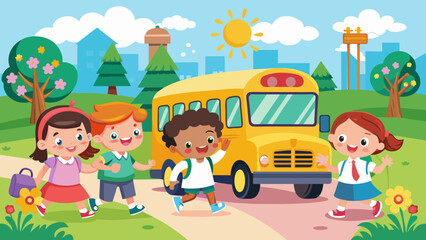Obraz na płótnie Canvas happy-cute-kids-go-to-school-by-bus