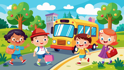 Obraz na płótnie Canvas happy-cute-kids-go-to-school-by-bus