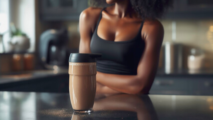 A woman standing and on the counter bar have a whey protein shaker for workout, Promote exercise for healthy and wellness.