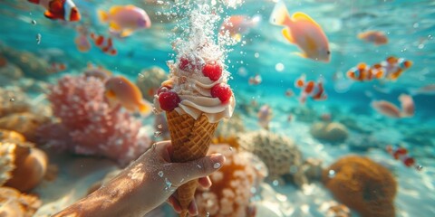 Close-up of a human hand underwater holding a ice cream cone. Little goldfish swim around her. - obrazy, fototapety, plakaty