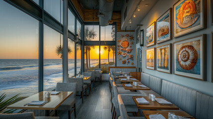 Coastal Sunset View from Seaside Restaurant Interior