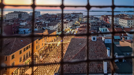 Aerial view of pedestrian street Corso del Popolo in tourist town Chioggia, Venetian Lagoon,...
