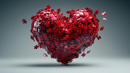 A large, glossy red heart made of puzzle pieces is suspended, with parts floating away on a grey background.
