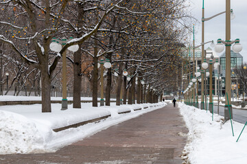 Sidewalk near Major's Hill Park in downtown Ottawa, Canada. Road with walking people in winter