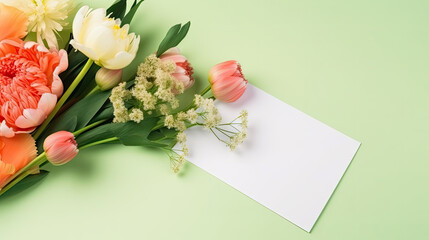 Spring banner with flowers and message envelope. Red, white blossom and empty greeting cards on green background. Top view, copy space for text. Love, romantic invitation, Mother day, anniversary