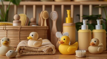 eco-friendly baby bath products, including a bamboo bath brush and organic cotton towels, with rubber ducks and bath toys for a fun bath time