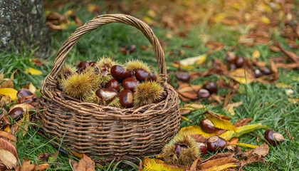 Fototapeta na wymiar くり。栗拾い。かごにたくさん入った栗のイメージ。秋の風景。秋の味覚。chestnut. Picking chestnuts. An image of a basket full of chestnuts. Autumn landscape. The taste of autumn.