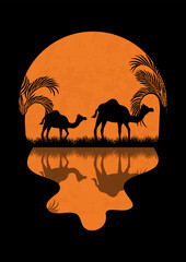 Night Sahara and full moon minimalist poster. Oasis landscape, wild camels in Africa. Panoramic view illustration. - 777686170
