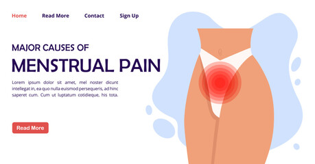 Painful menstruation gynecology concept banner. Adnexal tumor landing page flat illustration. Uterus inflammation - 777686183