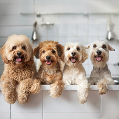 Four cheerful dogs of varying breeds sit side by side on a white bath. Preparing for bath washing. - obrazy, fototapety, plakaty