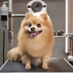  Pomeranian dog stands on a treadmill, looking happy as it exercises. The gym equipment indicates a pet-friendly fitness environment, while the lighting creates a bright, daytime ambiance.
