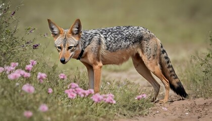 Naklejka na ściany i meble A-Jackal-With-Its-Nose-Buried-In-A-Patch-Of-Flower- 3