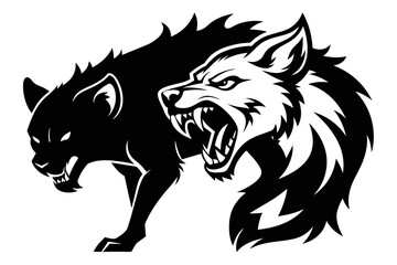 Create a dynamic black and white logo depicting an angry hyena locked in a dramatic confrontation with a formidable opponent, showcasing the resilience and strength of these remarkable animals 