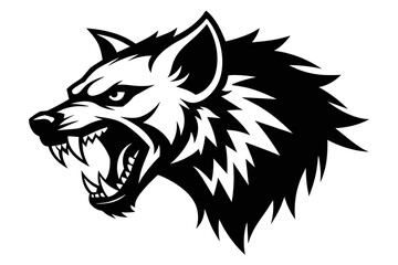 Create a dynamic black and white logo depicting an angry hyena locked in a dramatic confrontation with a formidable opponent, showcasing the resilience and strength of these remarkable animals 