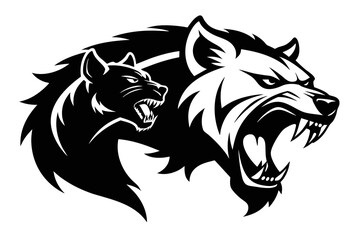 Create a dynamic black and white logo depicting an angry hyena locked in a dramatic confrontation with a formidable opponent, showcasing the resilience and strength of these remarkable animals 