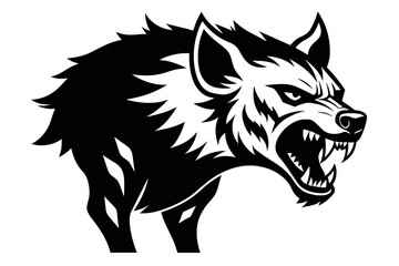 Create a dynamic black and white logo depicting an angry hyena locked in a dramatic confrontation with a formidable opponent, showcasing the resilience and strength of these remarkable animals 