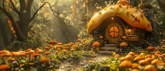 A golden tortoise beetle guarding a sweet house filled with delectable treats - obrazy, fototapety, plakaty