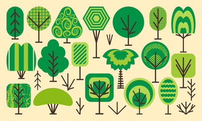 18 different stylized trees and 7 bushes in a minimalist style. Set of vector images