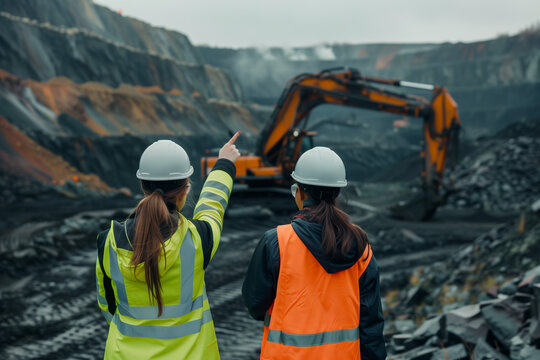 Engineers Assessing Excavation Site. Male and female engineers in safety vests and helmets at a coal mining excavation site