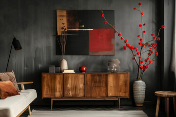 Contemporary Interior Design with Artistic Flair. Modern home interior featuring a wooden sideboard with artistic decor, a tall vase with red flowers, and abstract wall art.